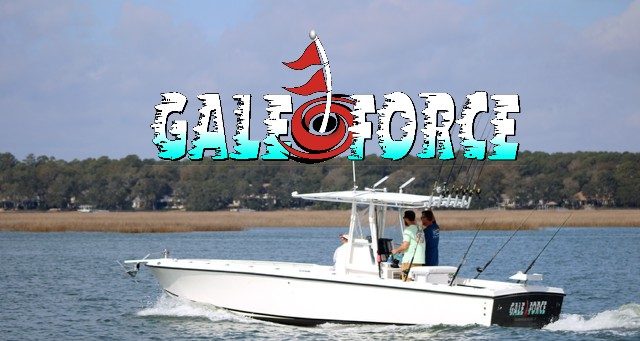 Fishing boat on water with 'Gale Force' logo above.